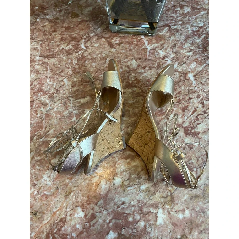 New Lilly Pulitzer Aria Gold Leather Cork Wedge Lace Up Heel Sandals Sz 6M, $198
